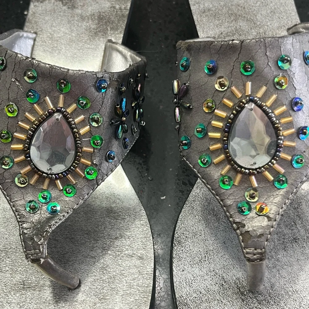 Pewter metallic purple blue sequin beads rhinestone silver heel thong sandals